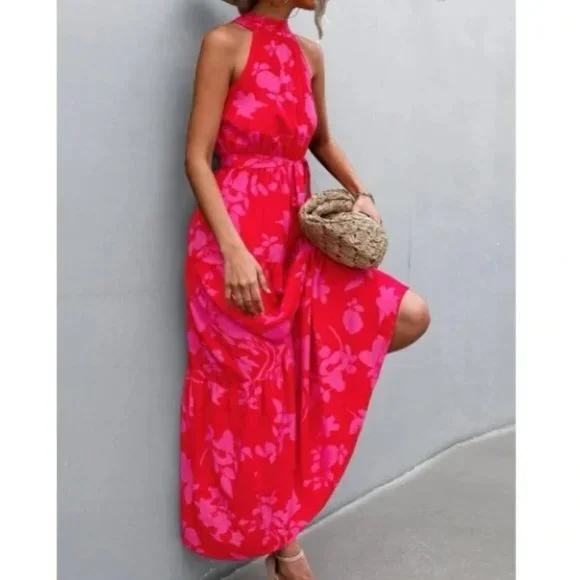 red pink floral print belted halter maxi dress - Boho - Picture 4 of 11